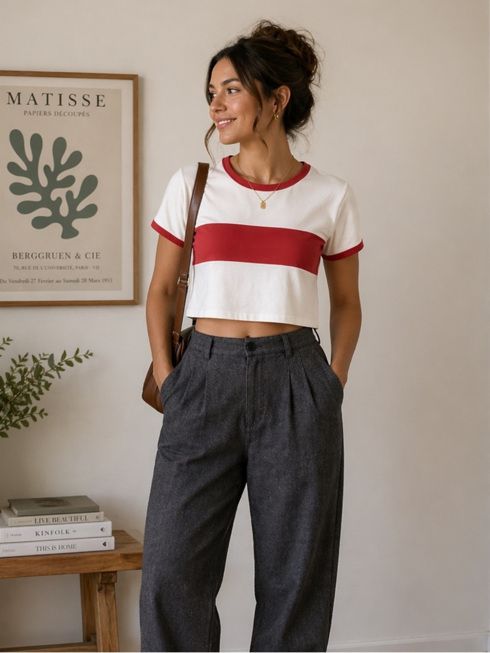 GARAGE Cropped White&Red Crew Neck Stripe Short Sleeve Stretch Tee Shirt Top M